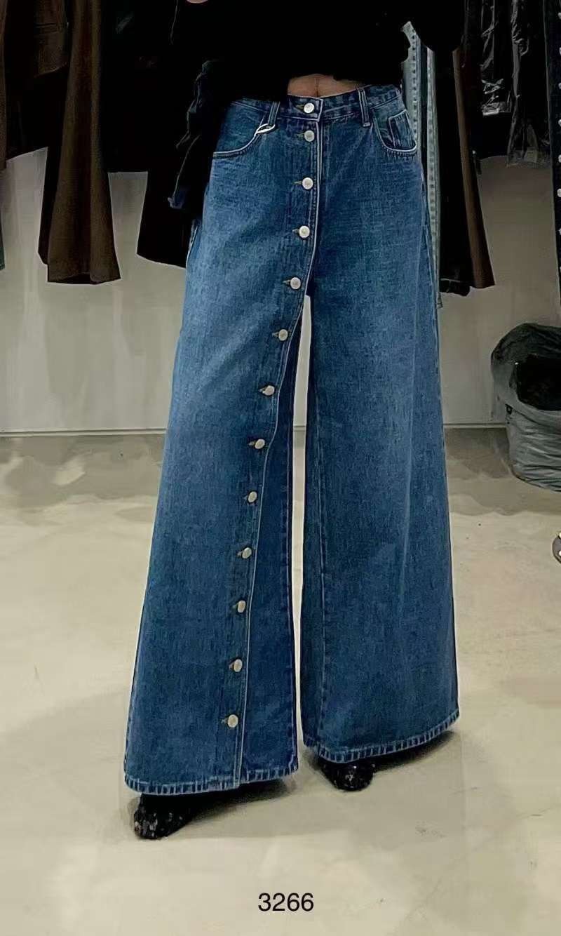 3266半排釦牛仔寬管長褲