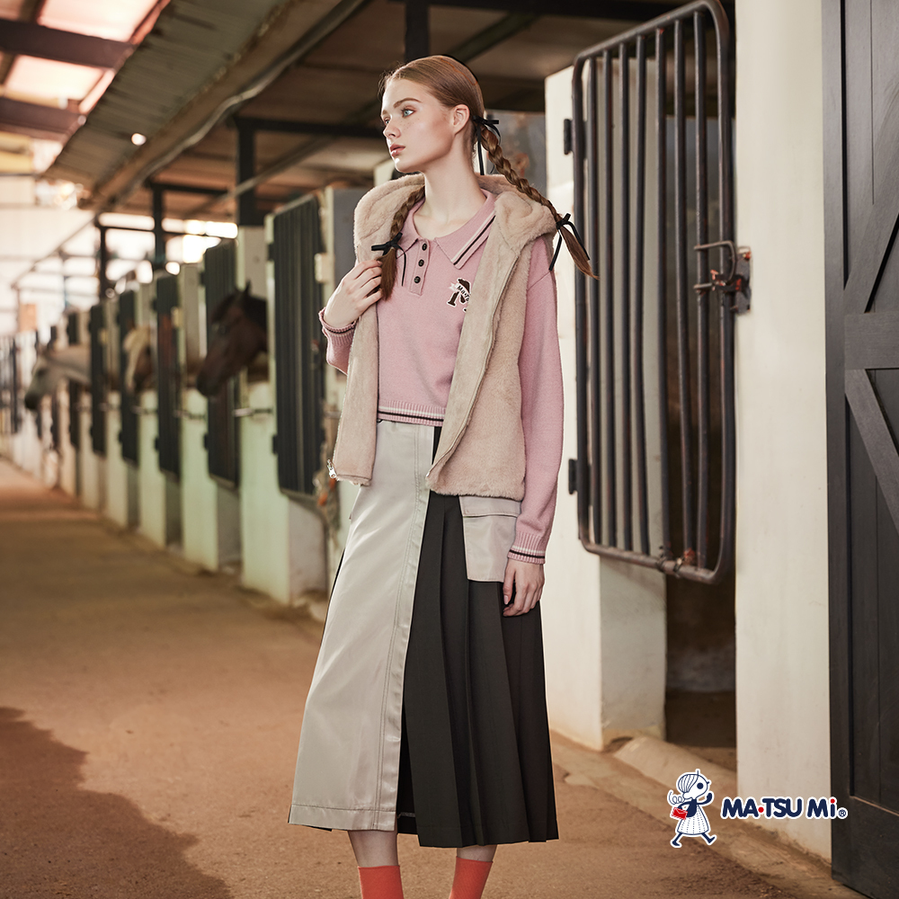 MA‧TSU Mi 翻領POLO衫開襟字母刺繡短版針織上衣(粉.深藍)