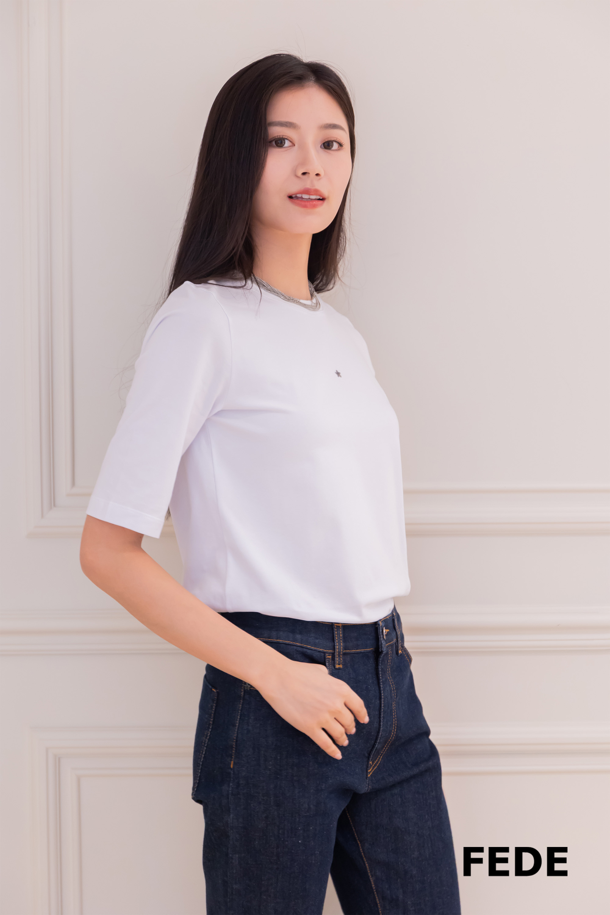 LORENA 羅紋圓領五分袖棉T(白)