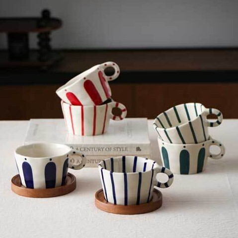 《6329》高顏值復古條紋色塊陶瓷馬克杯