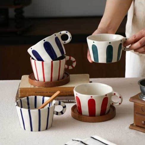 《6329》高顏值復古條紋色塊陶瓷馬克杯