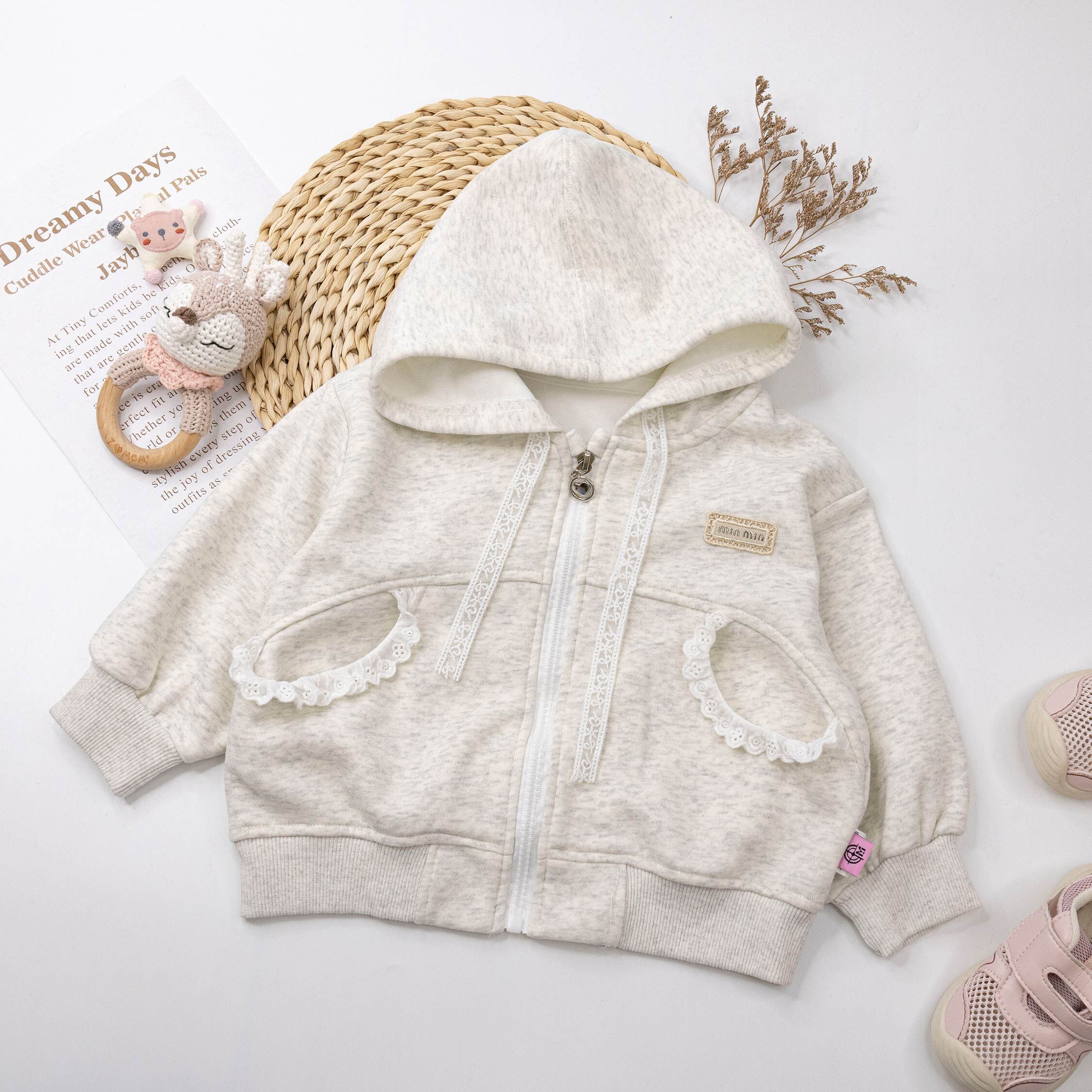 【H55161】奶油花邊口袋連帽外套