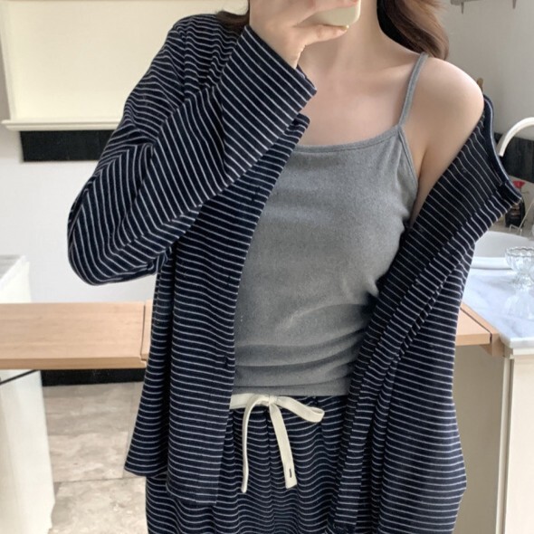 《6330》韓系條紋加厚毛巾絨帶胸墊吊帶睡衣套裝