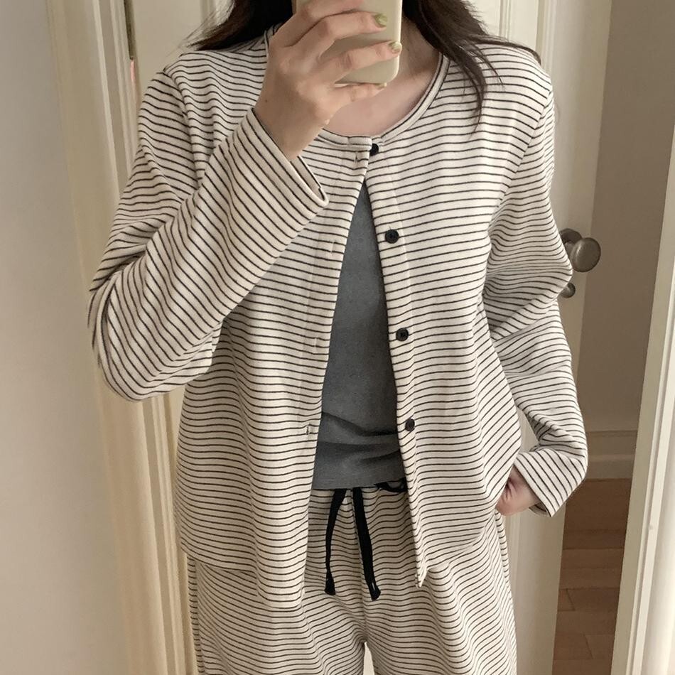 《6330》韓系條紋加厚毛巾絨帶胸墊吊帶睡衣套裝