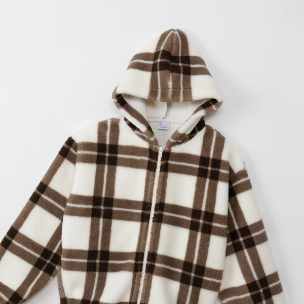 女款-CASUAL 格紋抓毛絨連帽外套-褐色格紋（CW-C603-034）