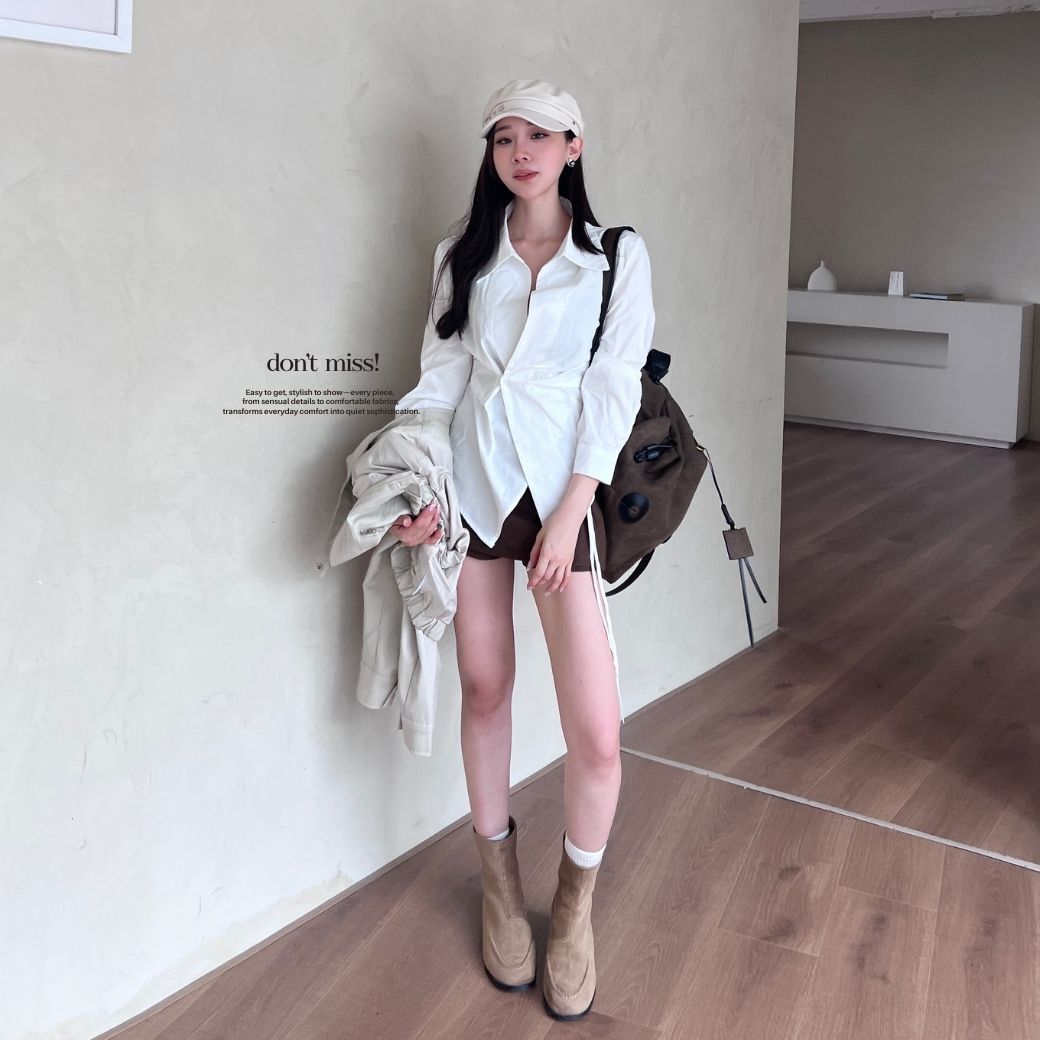 【悉尼假期】DOMISS自訂-不規則純欲收腰壓褶襯衫-2色 襯衫 條紋襯衫 長袖襯衫 (現貨)