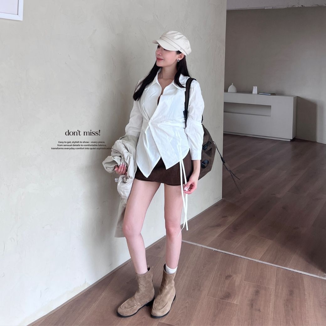 【悉尼假期】DOMISS自訂-不規則純欲收腰壓褶襯衫-2色 襯衫 條紋襯衫 長袖襯衫 (現貨)