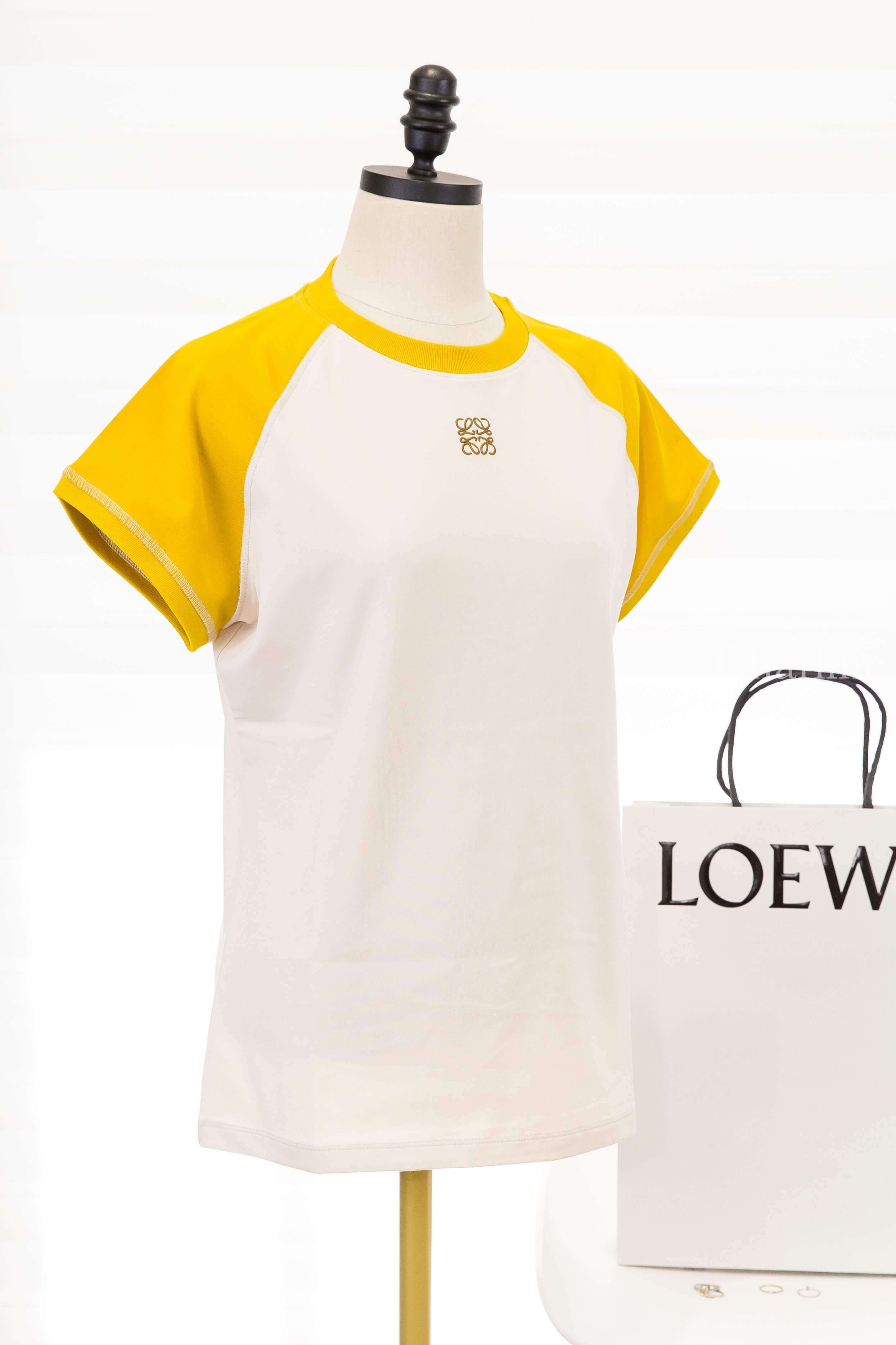 Loewe Small Fit T-shirt In Cotton Blend 白色拼芥末黃古銅色縫線滾邊刺繡 Logo 短袖棉T-Charline Boutique 精品代購