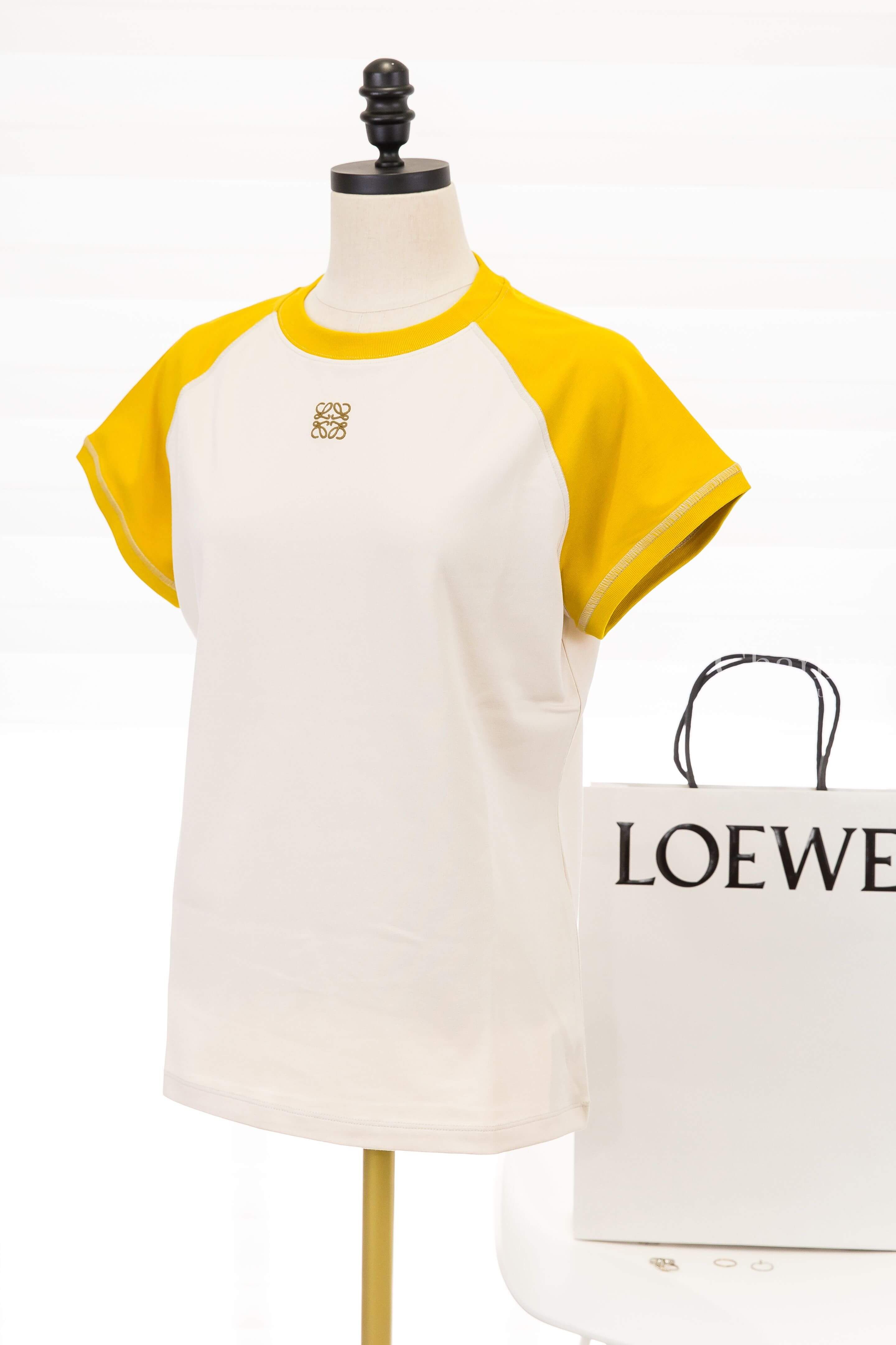 Loewe Small Fit T-shirt In Cotton Blend 白色拼芥末黃古銅色縫線滾邊刺繡 Logo 短袖棉T-Charline Boutique 精品代購