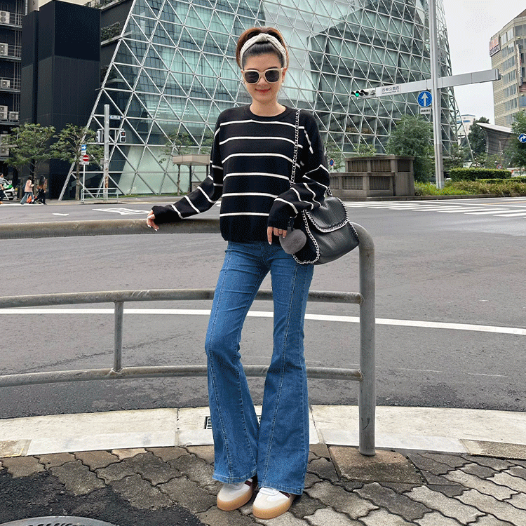 圓領條紋針織上衣