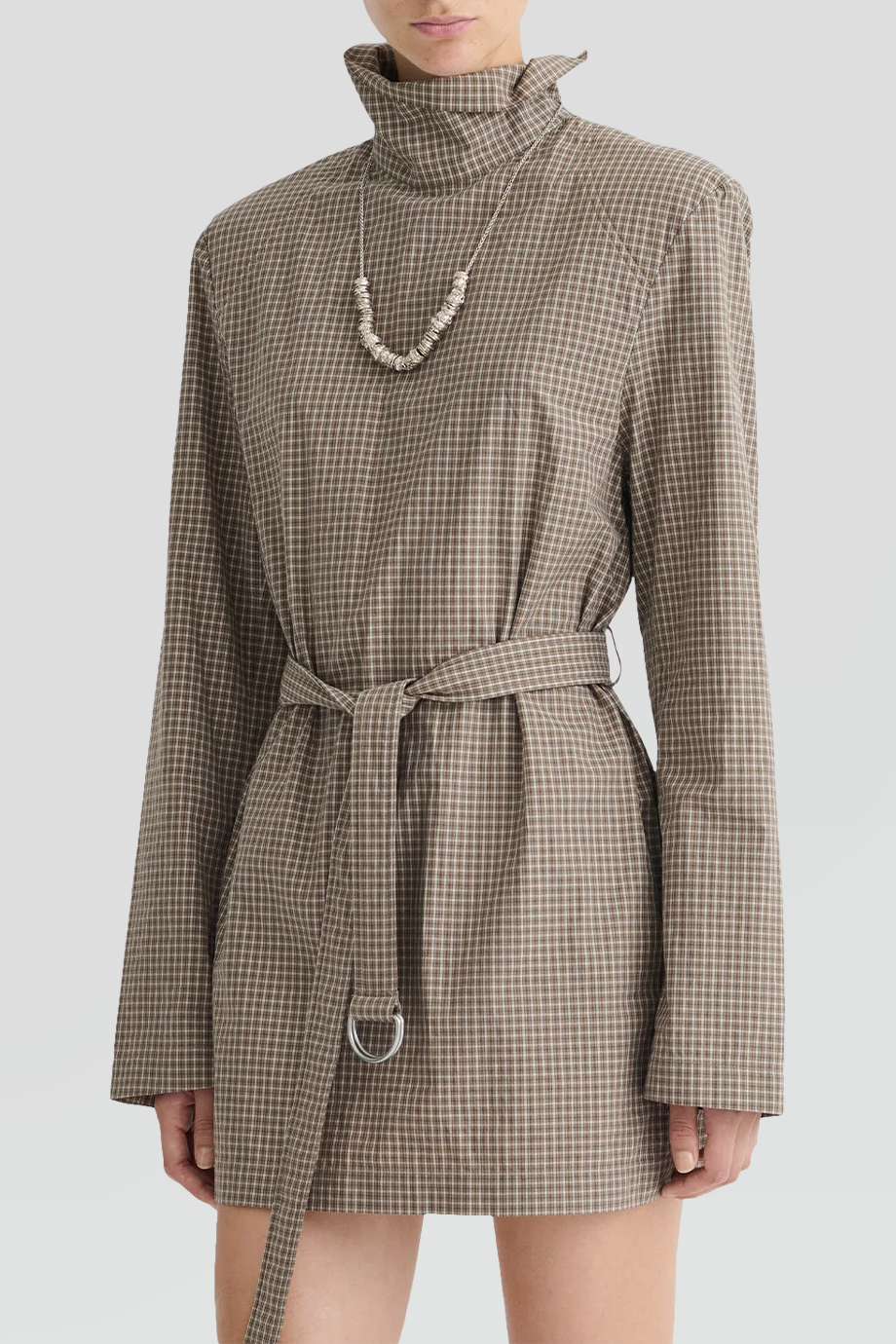 Nanushka｜GERADINE 高領格紋腰帶短洋裝