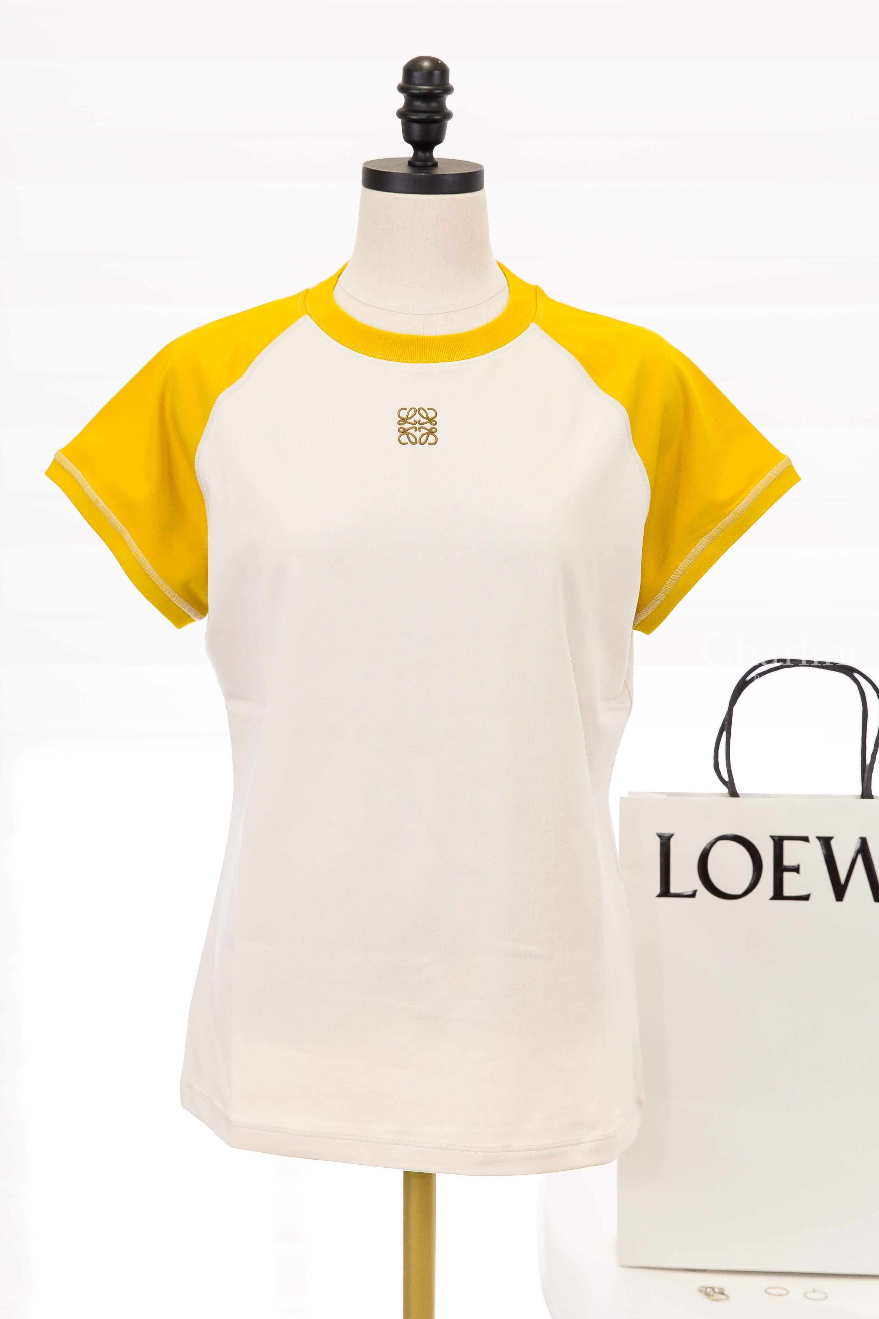 Loewe Small Fit T-shirt In Cotton Blend 白色拼芥末黃古銅色縫線滾邊刺繡 Logo 短袖棉T