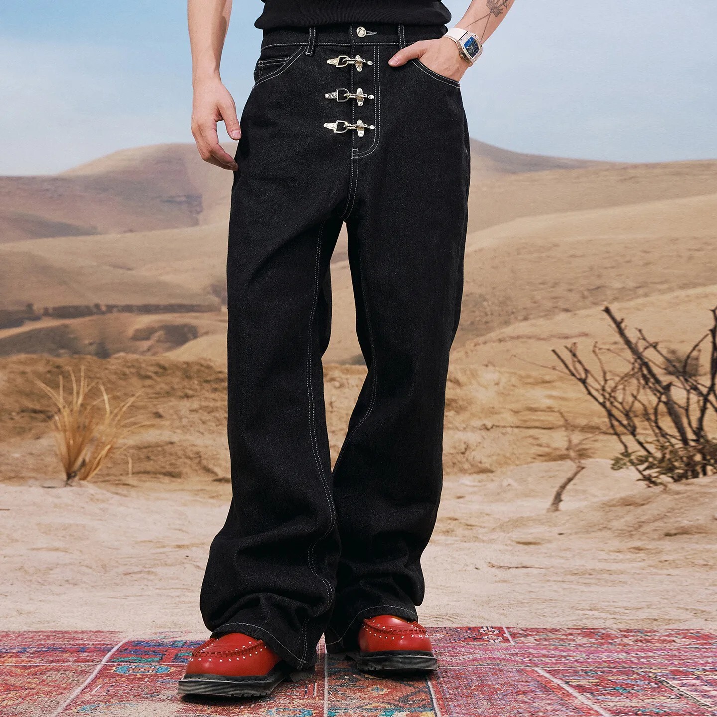 <門市限定>XIN SELECT 消防扣 美式 長褲 牛仔褲 喇叭褲 黑色