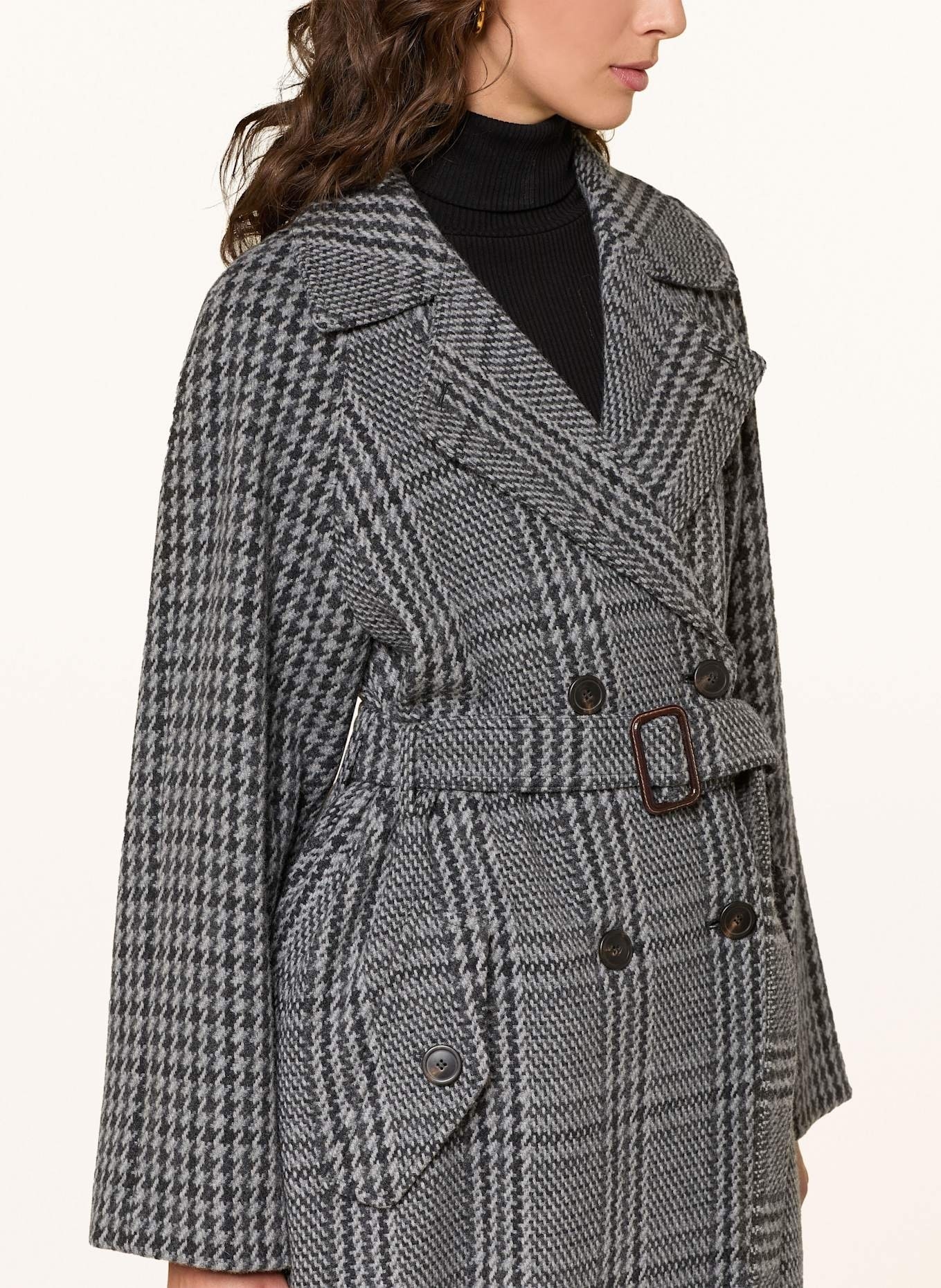 Max Mara摩登格紋腰帶流蘇毛呢大衣