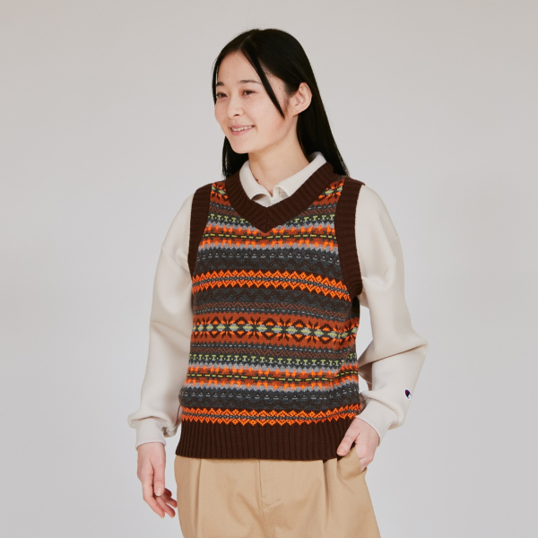 女款-CASUAL V領幾何圖紋針織背心-褐色/彩色（CW-C006-860）