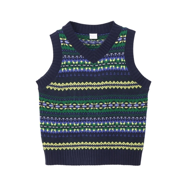 女款-CASUAL V領幾何圖紋針織背心-深藍色/彩色（CW-C006-370）