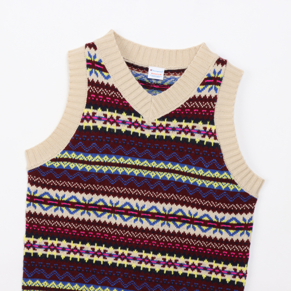 女款-CASUAL V領幾何圖紋針織背心-米色/彩色（CW-C006-780）