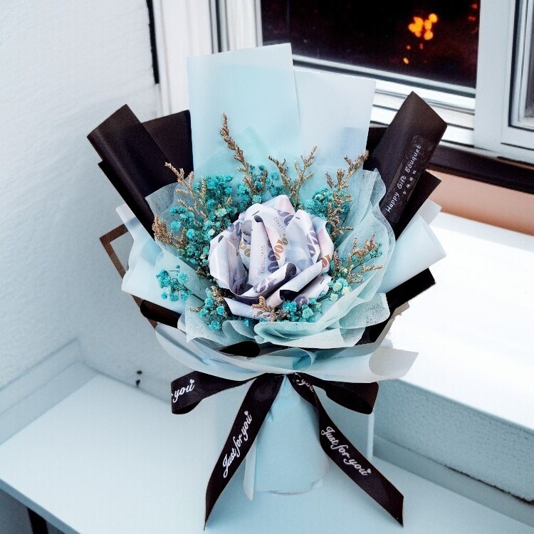 單朵綠色鈔票1000元鈔票花束,Single 200 dollar banknote bouquet