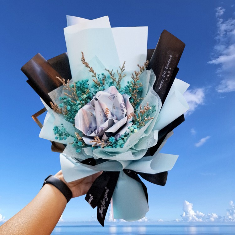 單朵綠色鈔票1000元鈔票花束,Single 200 dollar banknote bouquet