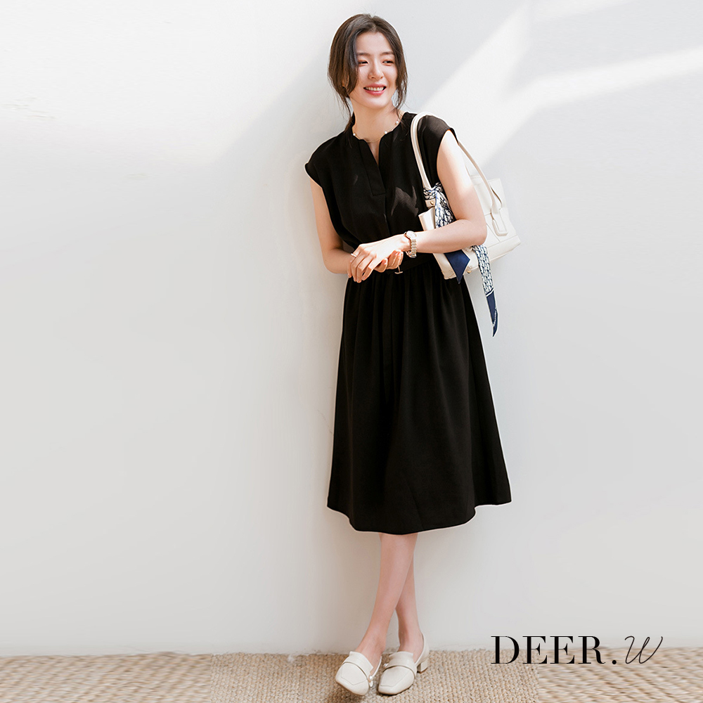 黑L【零碼出清不退換】開襟半袖收腰雪紡洋裝