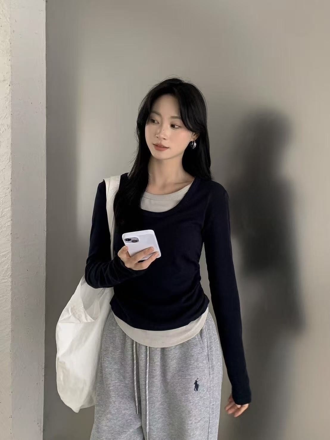 704 撞色拼接假兩件長袖上衣