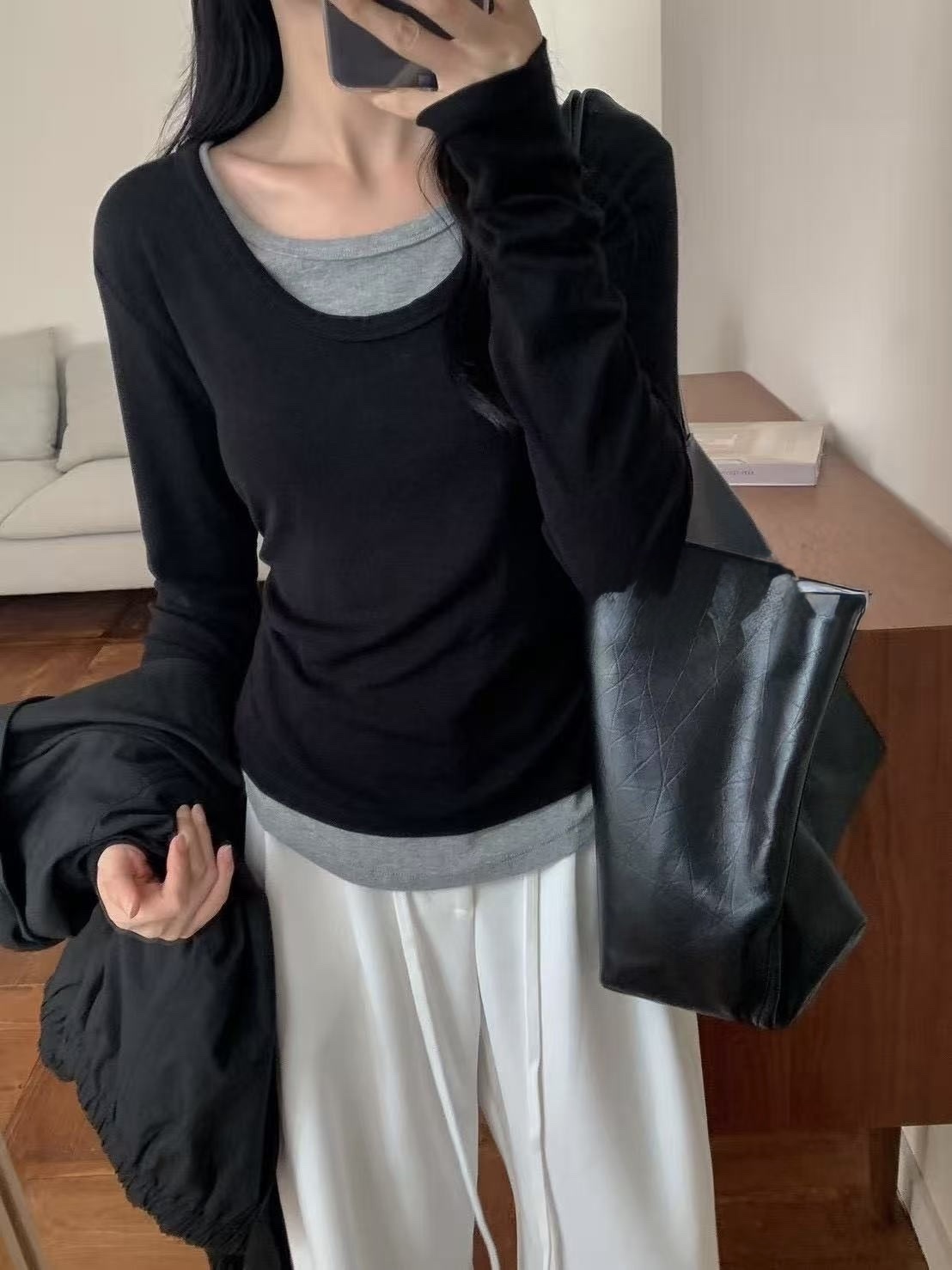 704 撞色拼接假兩件長袖上衣