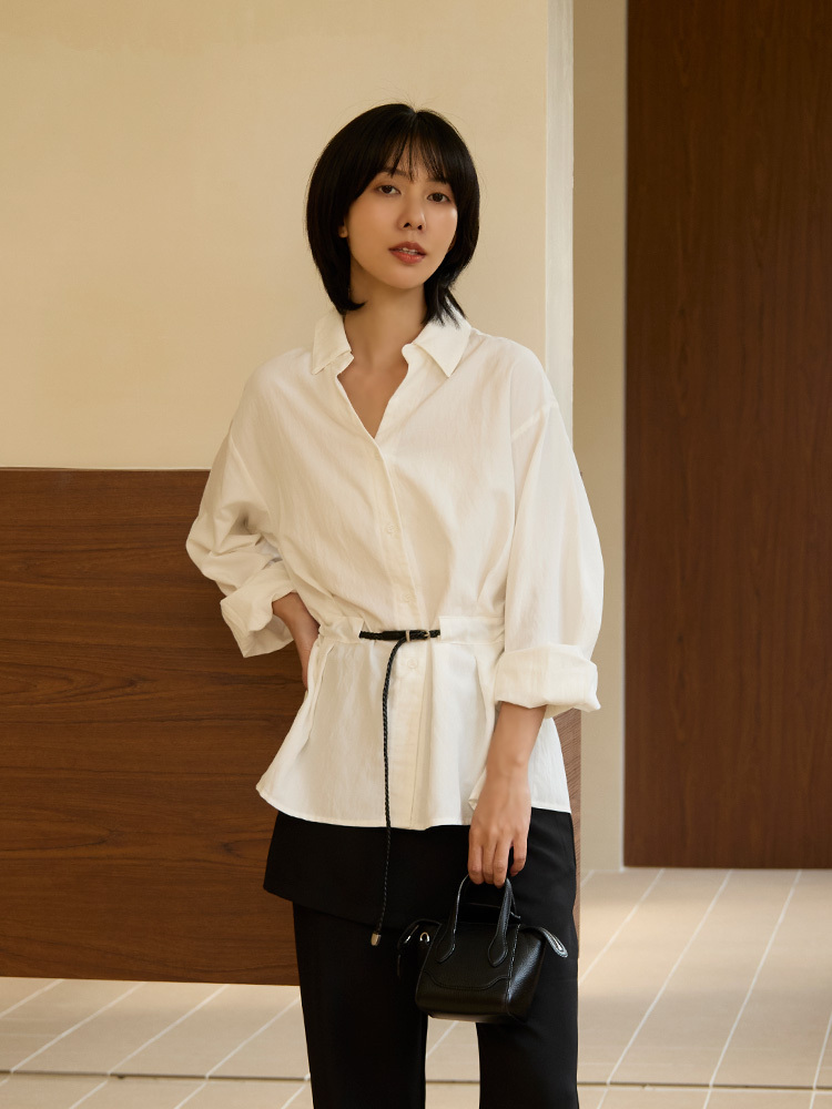 翻領寬鬆收腰襯衫（附腰帶）