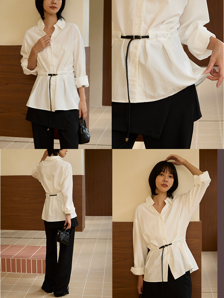 翻領寬鬆收腰襯衫（附腰帶）