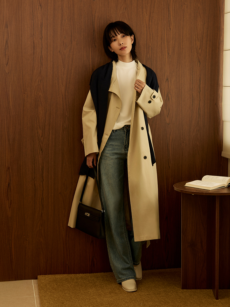 大翻領披肩長版風衣（配連帽披肩）