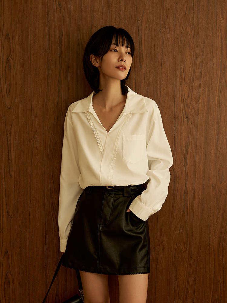 OH!HER V領布蕾絲開衩襯衫