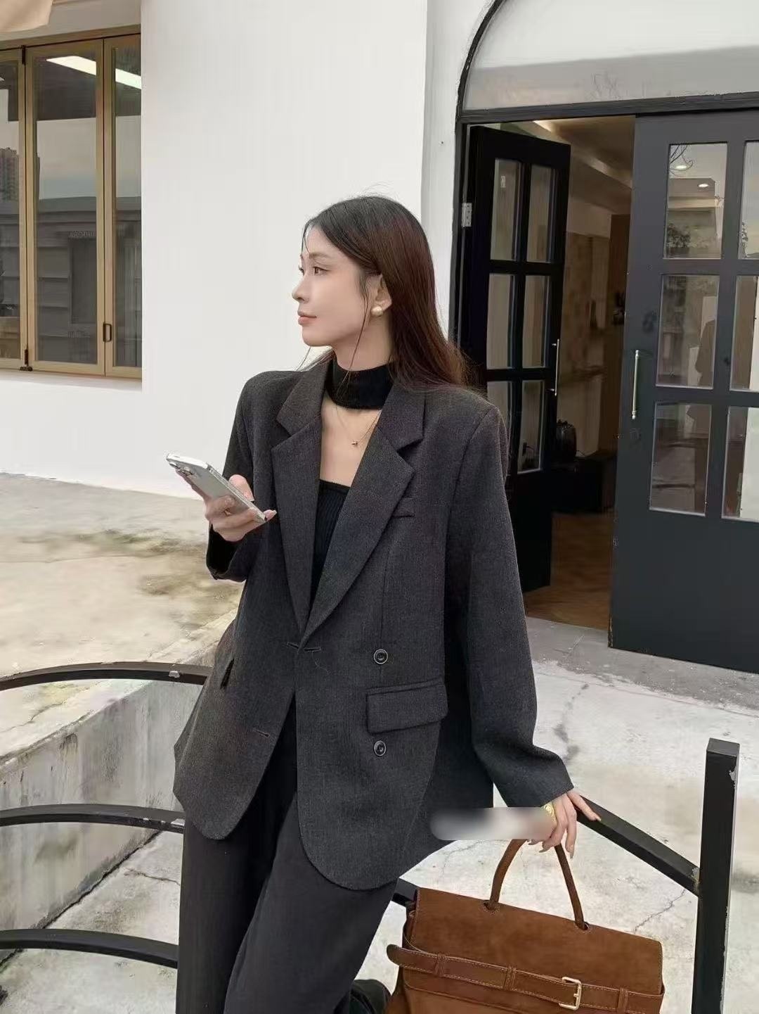 6921 布面紋路斜釦西裝外