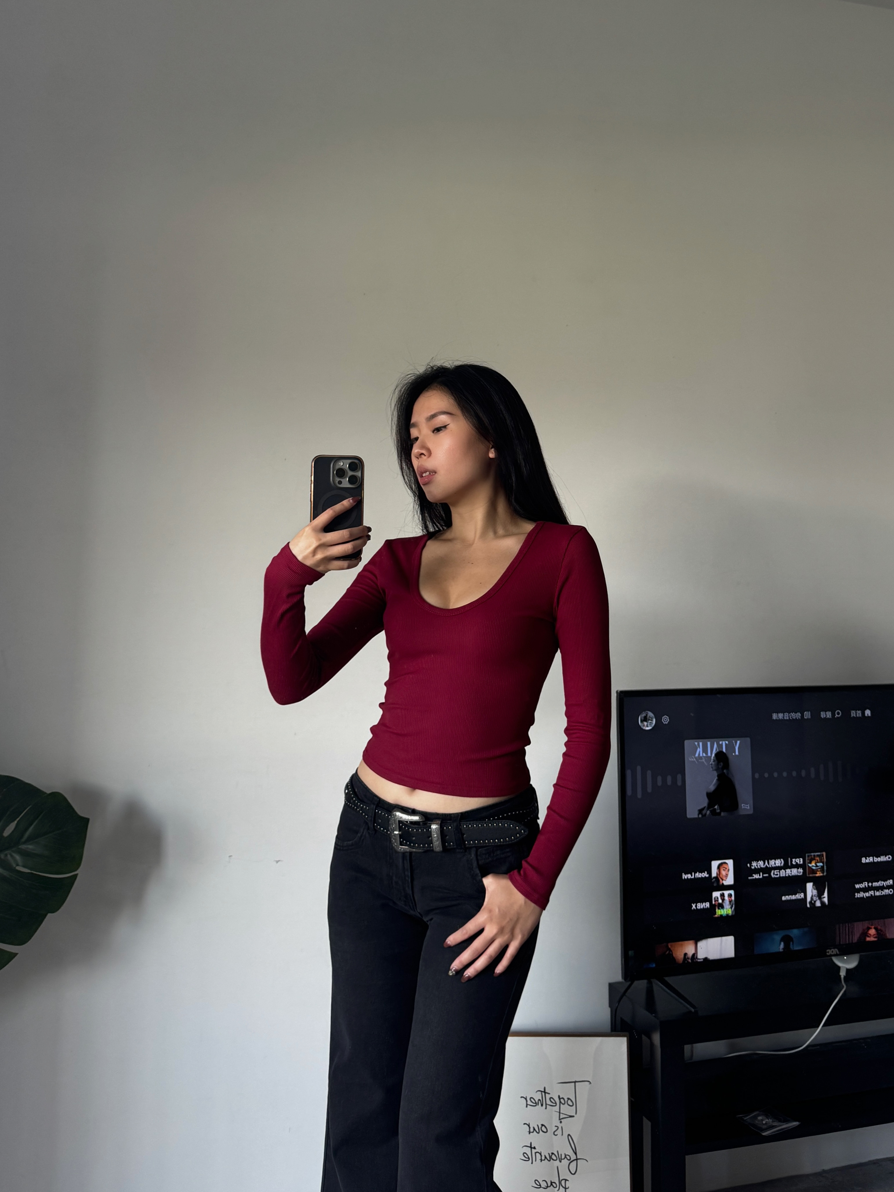 基礎小辣📋螺紋深V長袖上衣(4色)