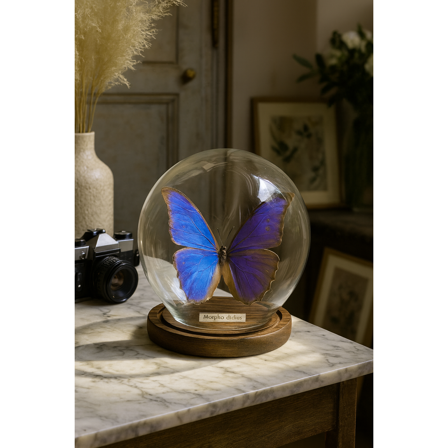 大藍閃蝶蝴蝶標本圓球玻璃罩Morpho didius