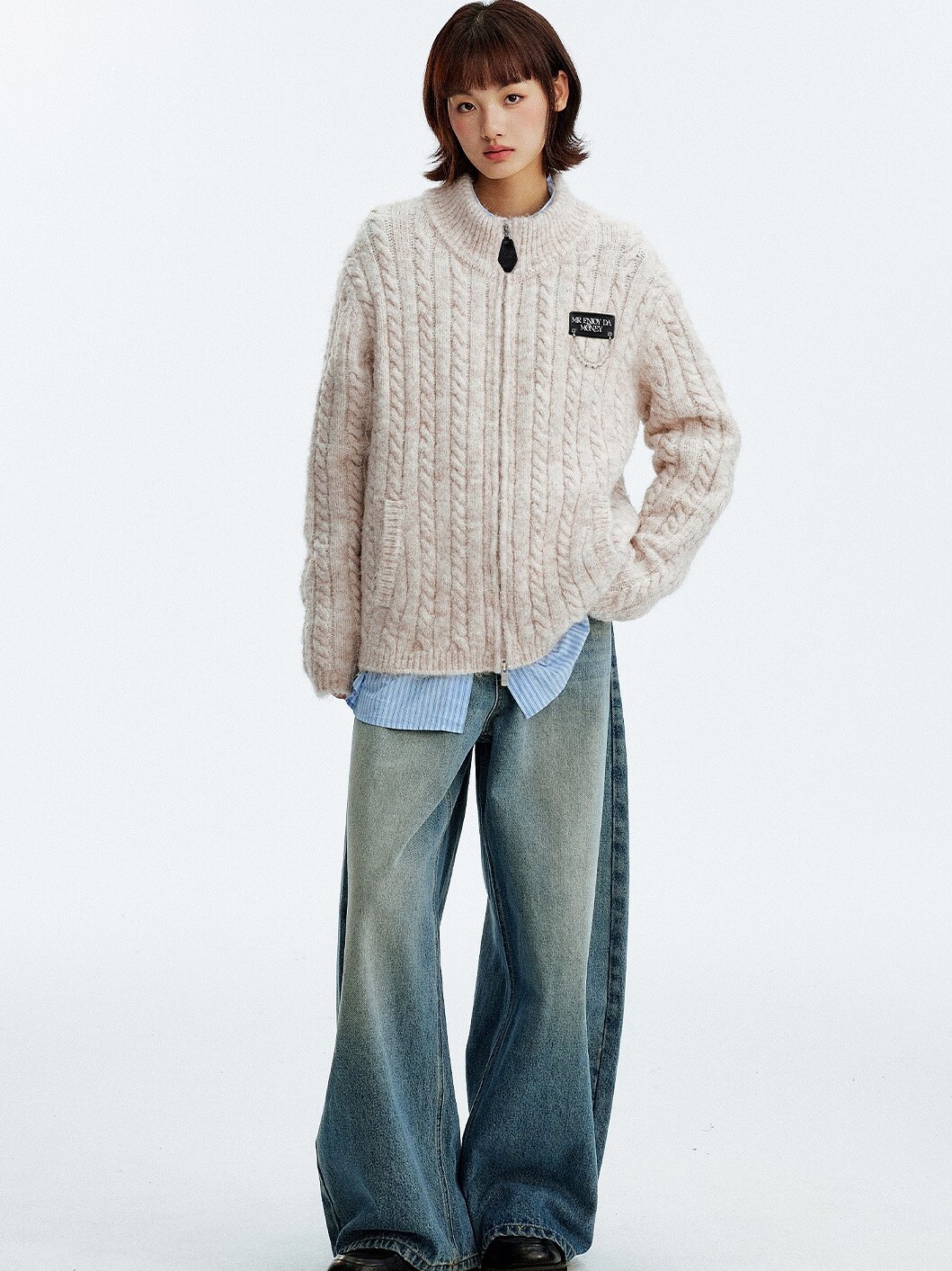 MEDM 美式簡約 胸口珍珠掛飾 針織拉鍊 毛衣外套