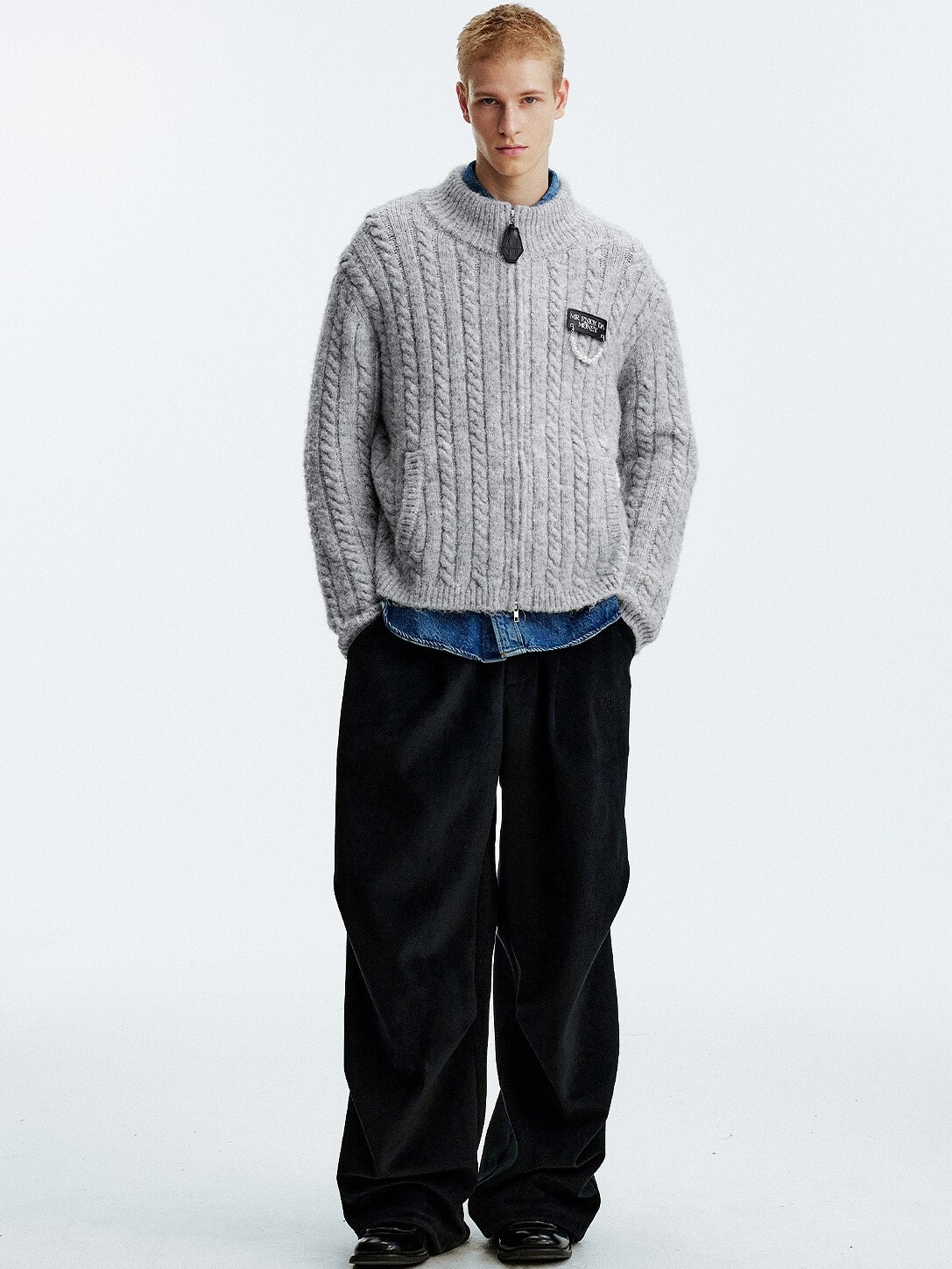 MEDM 美式簡約 胸口珍珠掛飾 針織拉鍊 毛衣外套