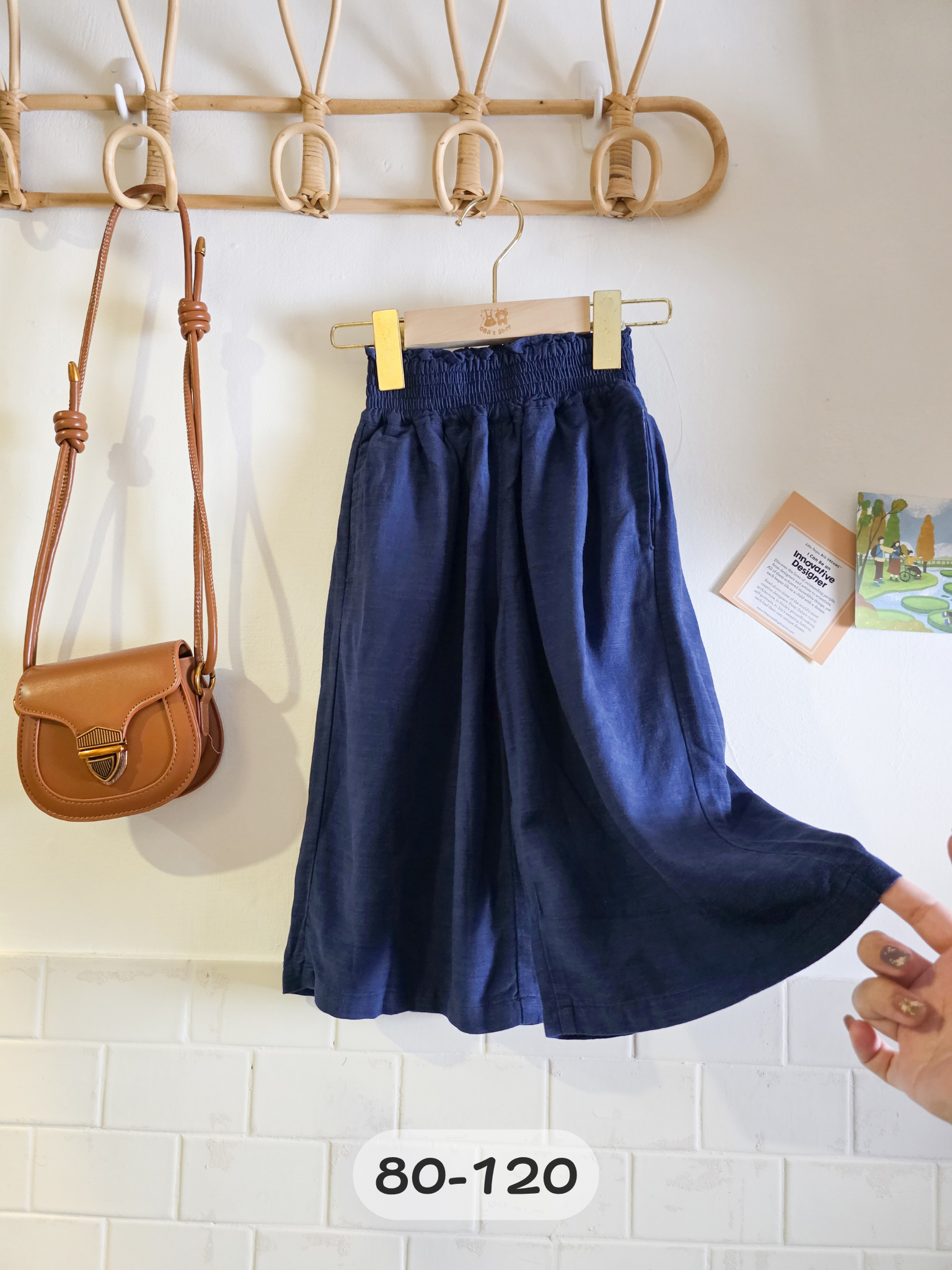 深藍寬腰闊腿 薄棉長褲(PE)