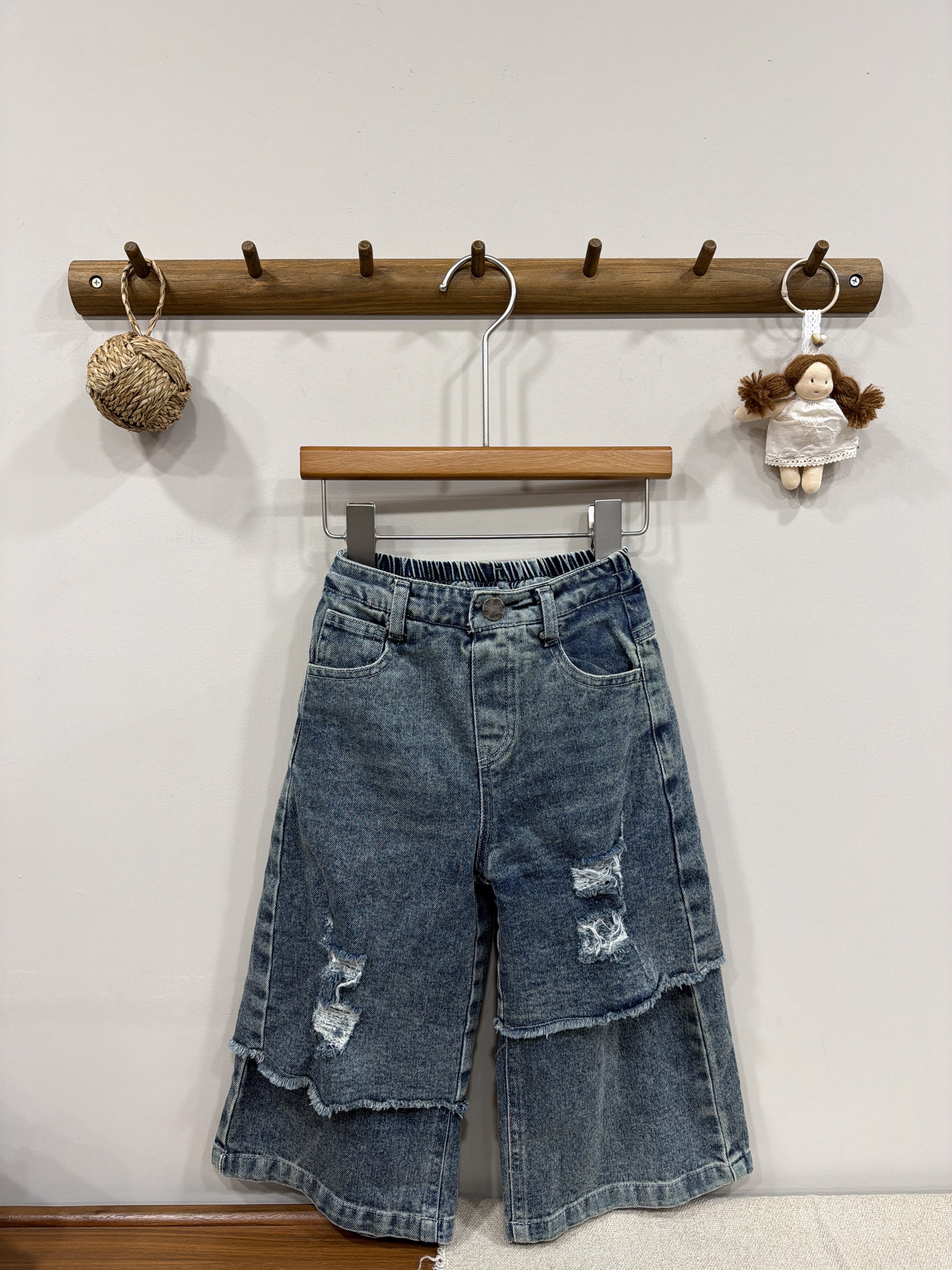 A03249割破造型假兩件牛仔褲