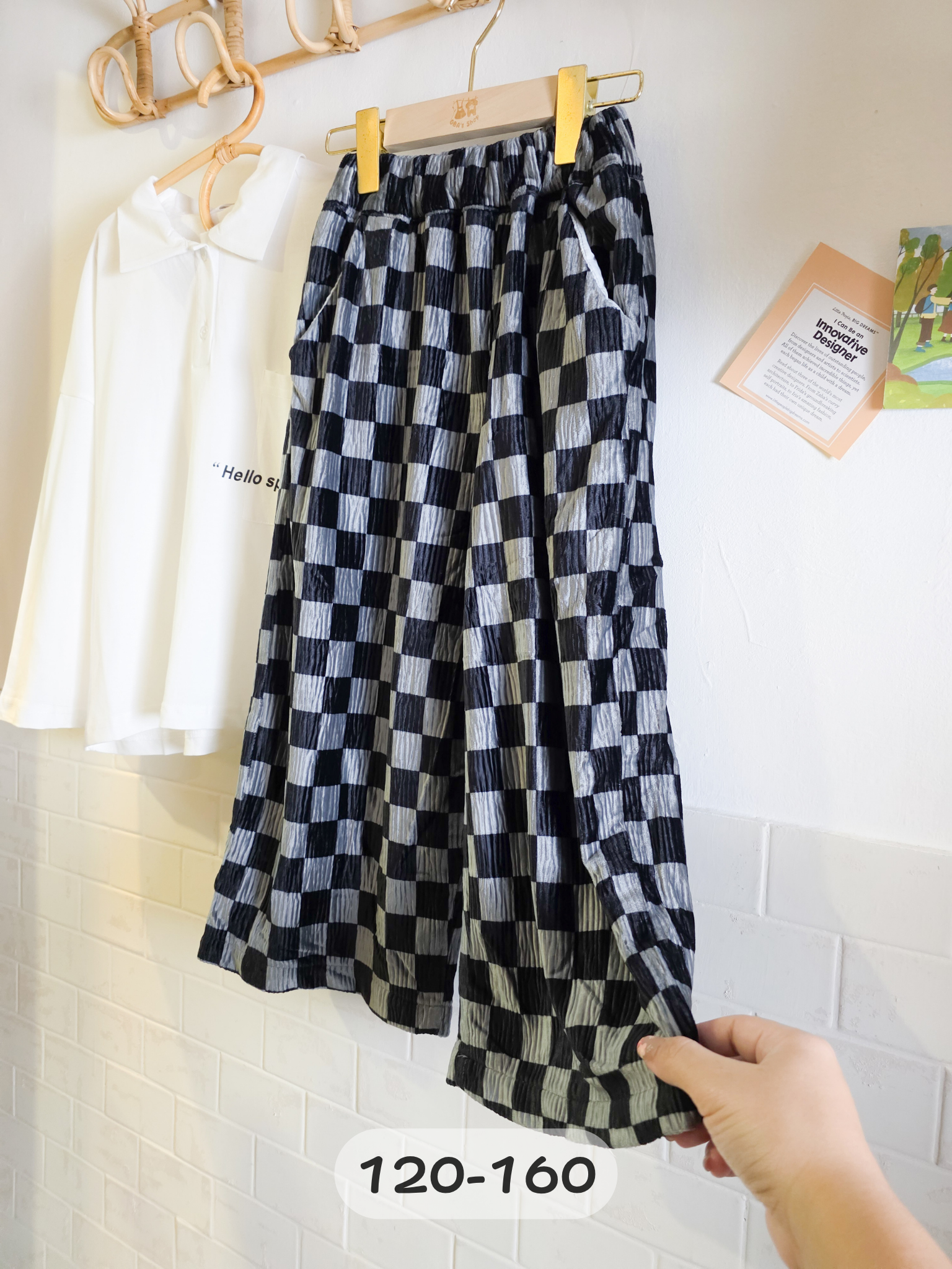 棋盤格銀絲絨 闊腿長褲(PE)