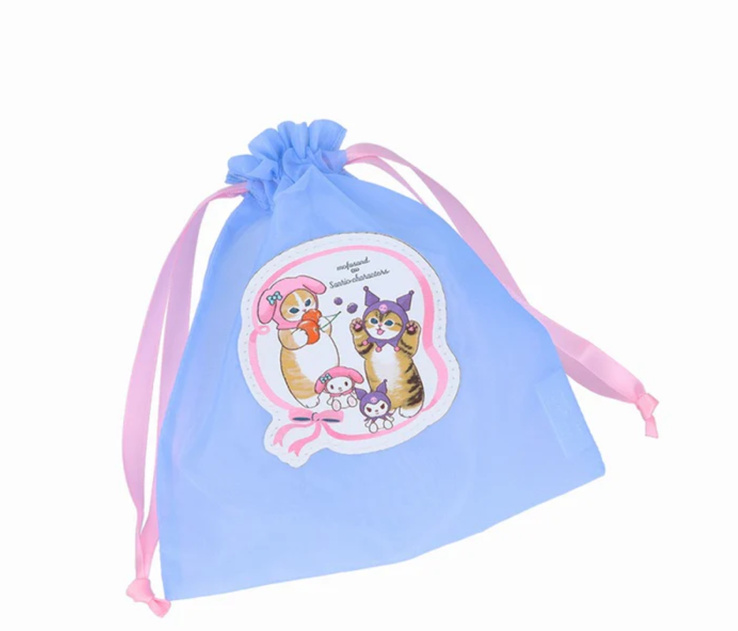 日本進口-Mofusand X Sanrio藍色刺繡紗網索袋 [平行進口]