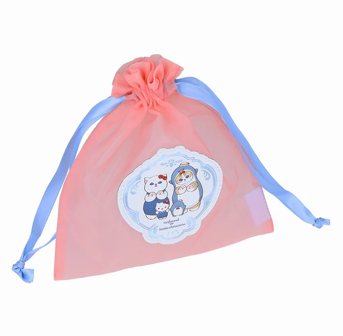 日本進口-Mofusand X Sanrio粉色刺繡紗網索袋 [平行進口]