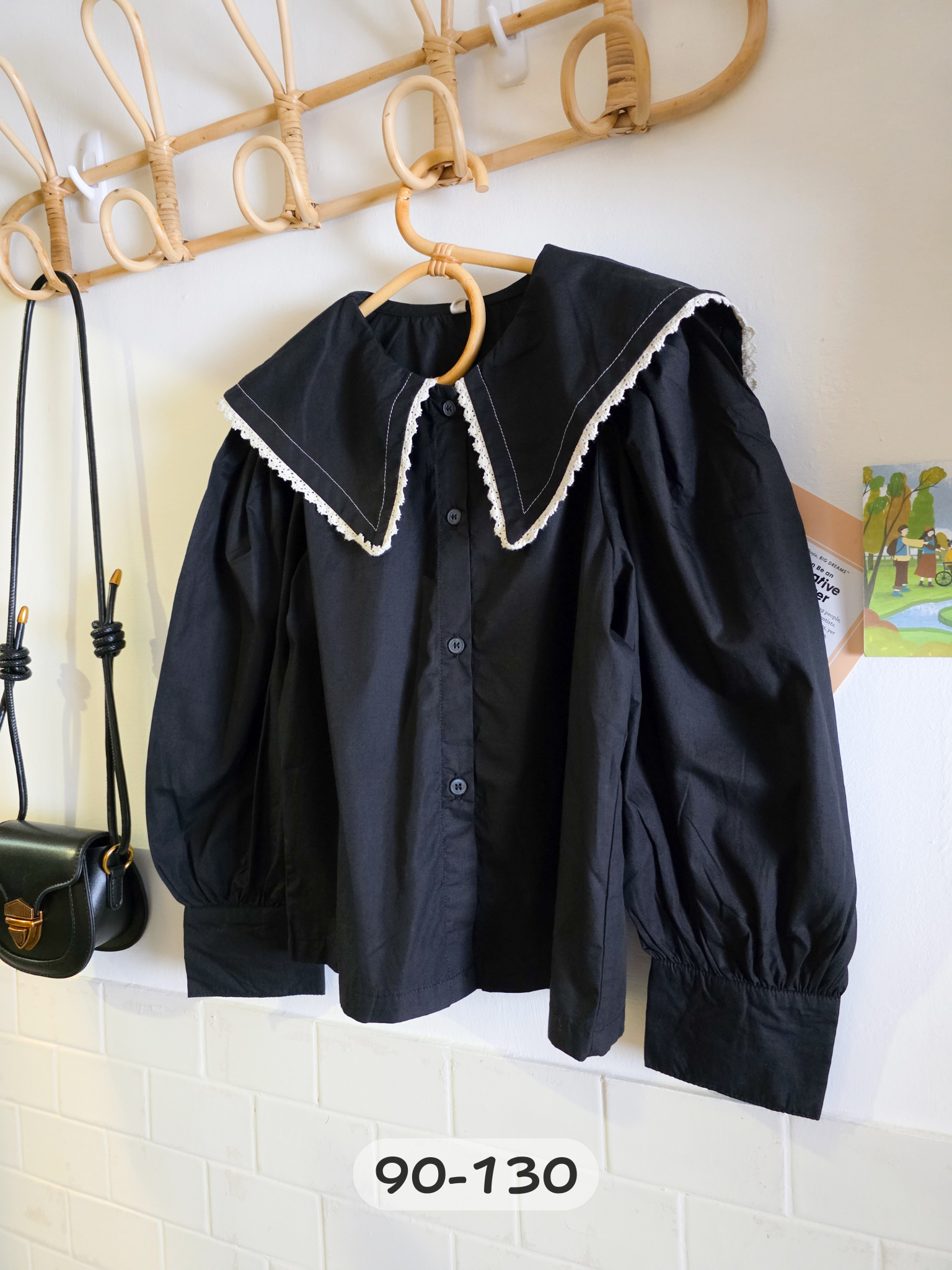 黑色大荷葉邊 長袖上衣/襯衫(PE)