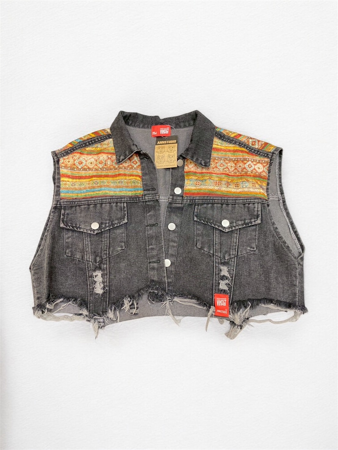 Annstudio/老闆手作/拼接短背心（灰）