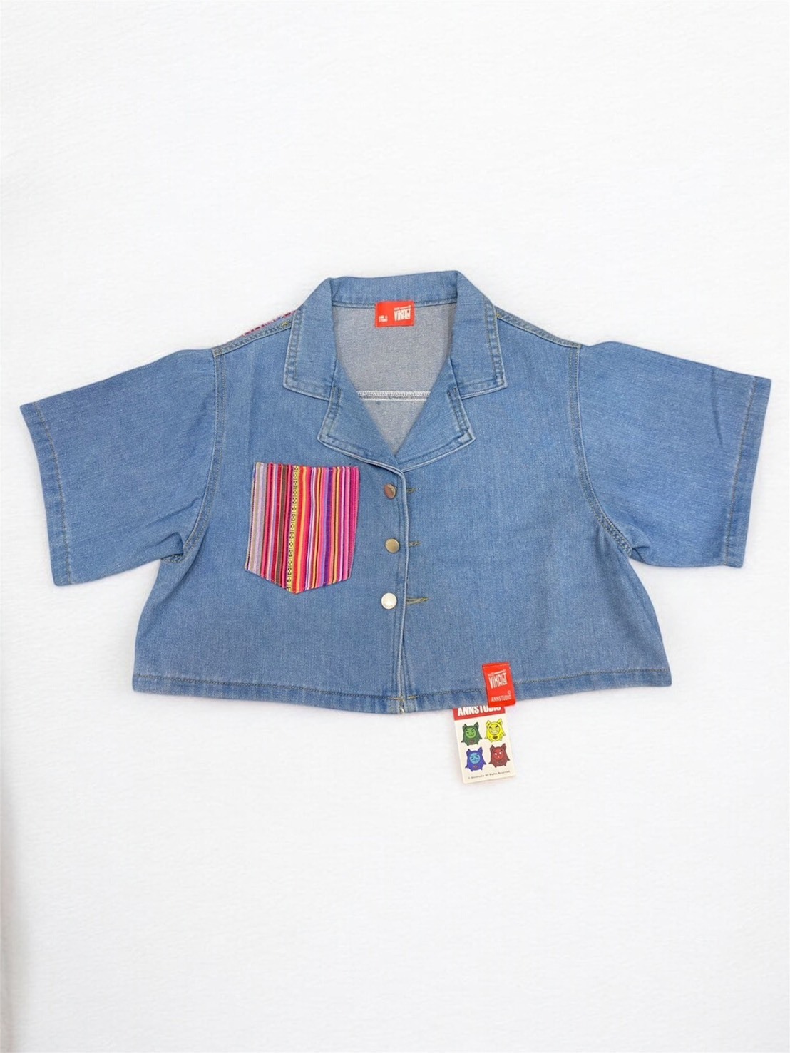 Annstudio/老闆手作/拼接短袖外套 (粉紅線條)