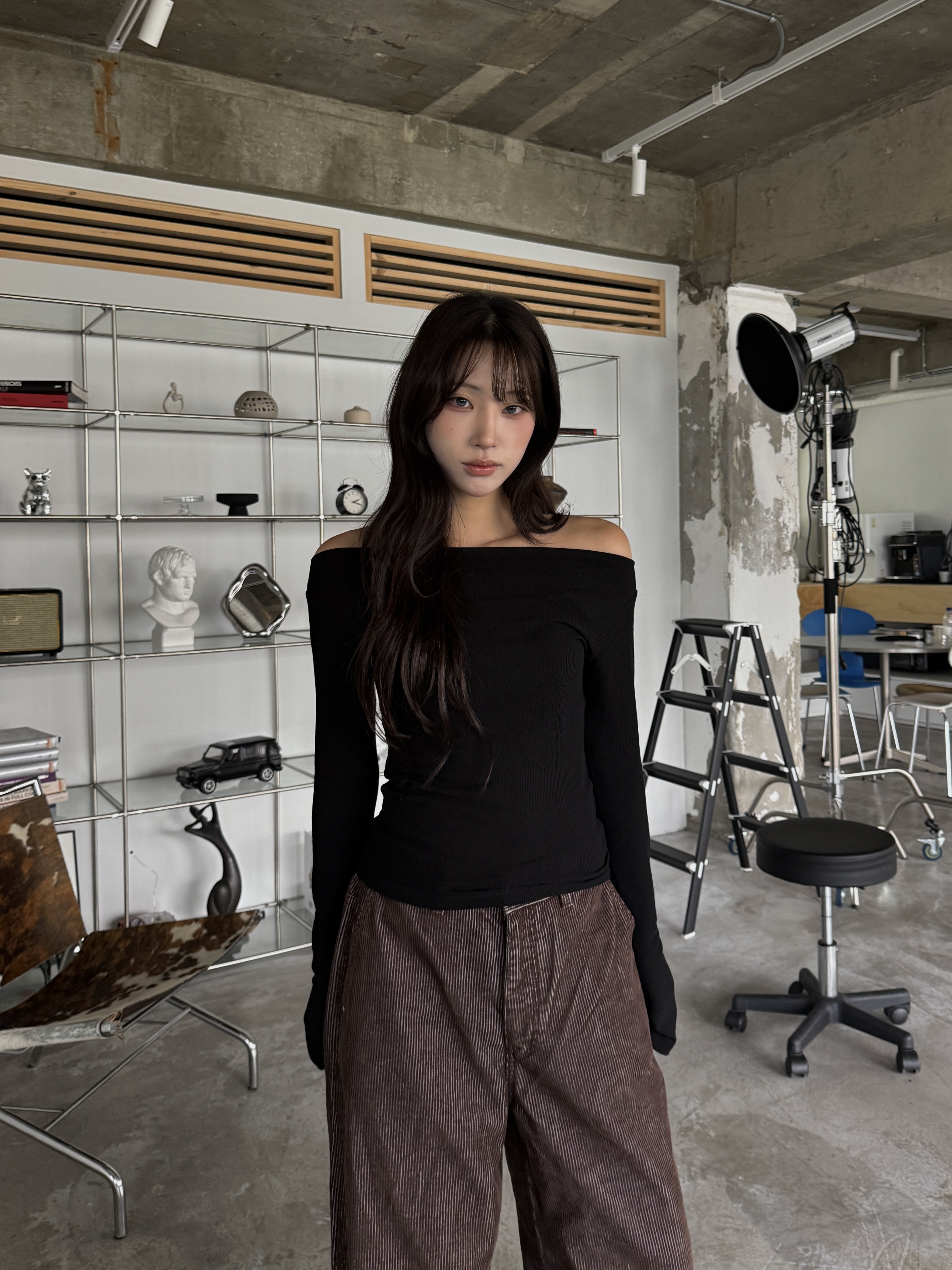 斜肩剪裁 螺紋 貼身 長袖 上衣