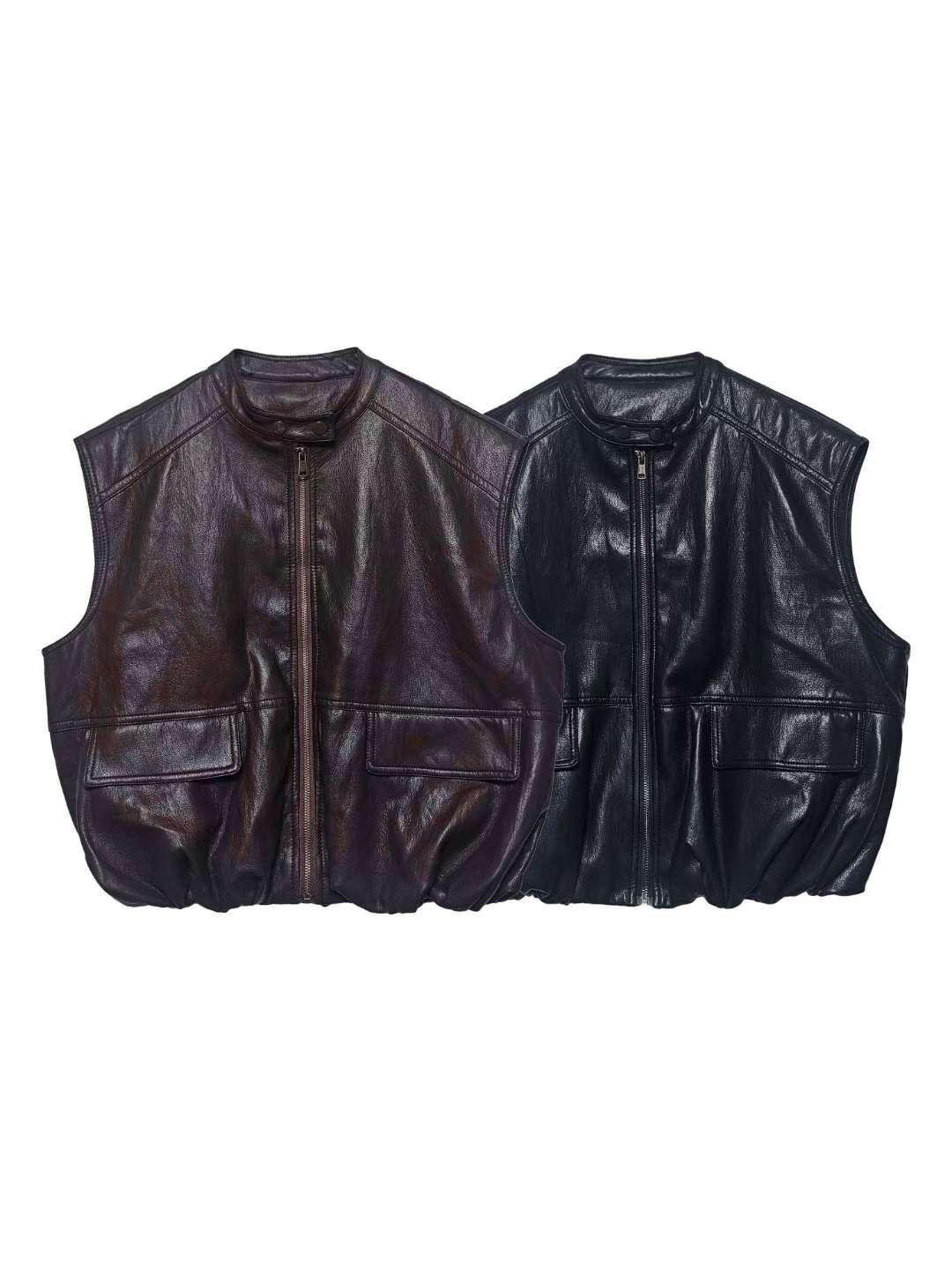 企領合成皮拉鍊背心褸 F&c-103V