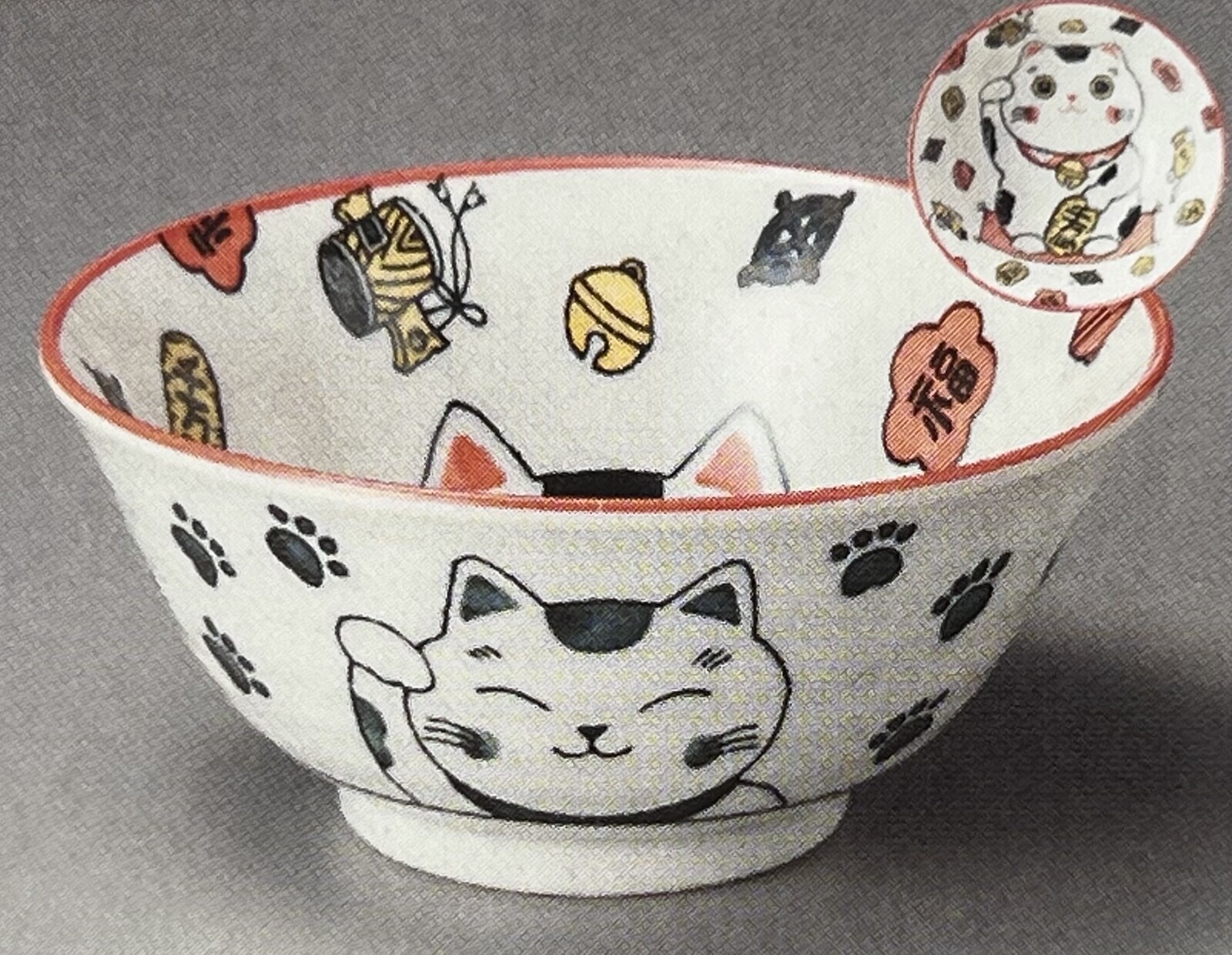 日本陶瓷縁起招財貓瓦碗(紅)15cm (日本製)