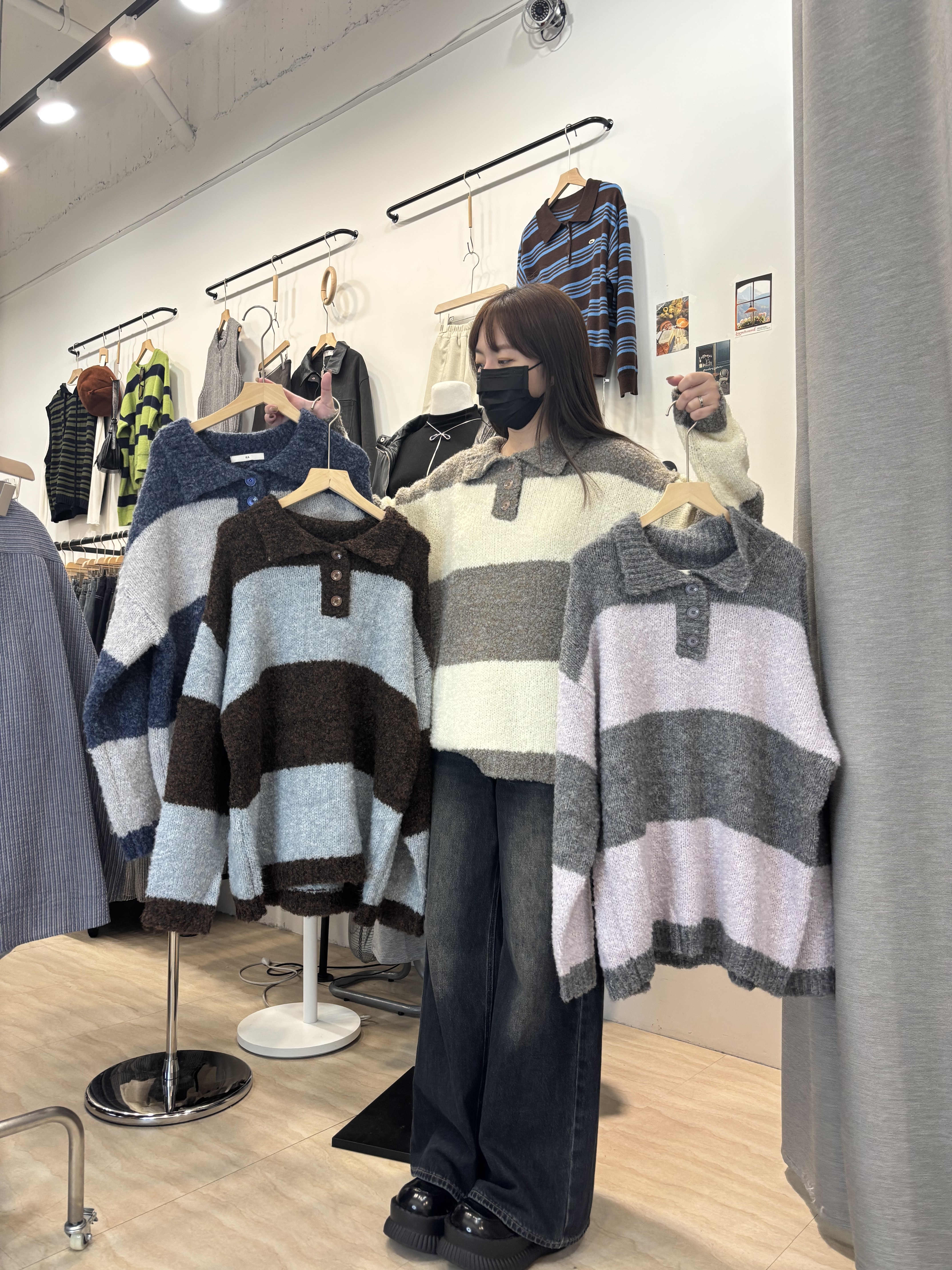 翻領釦子圈圈毛條紋毛衣