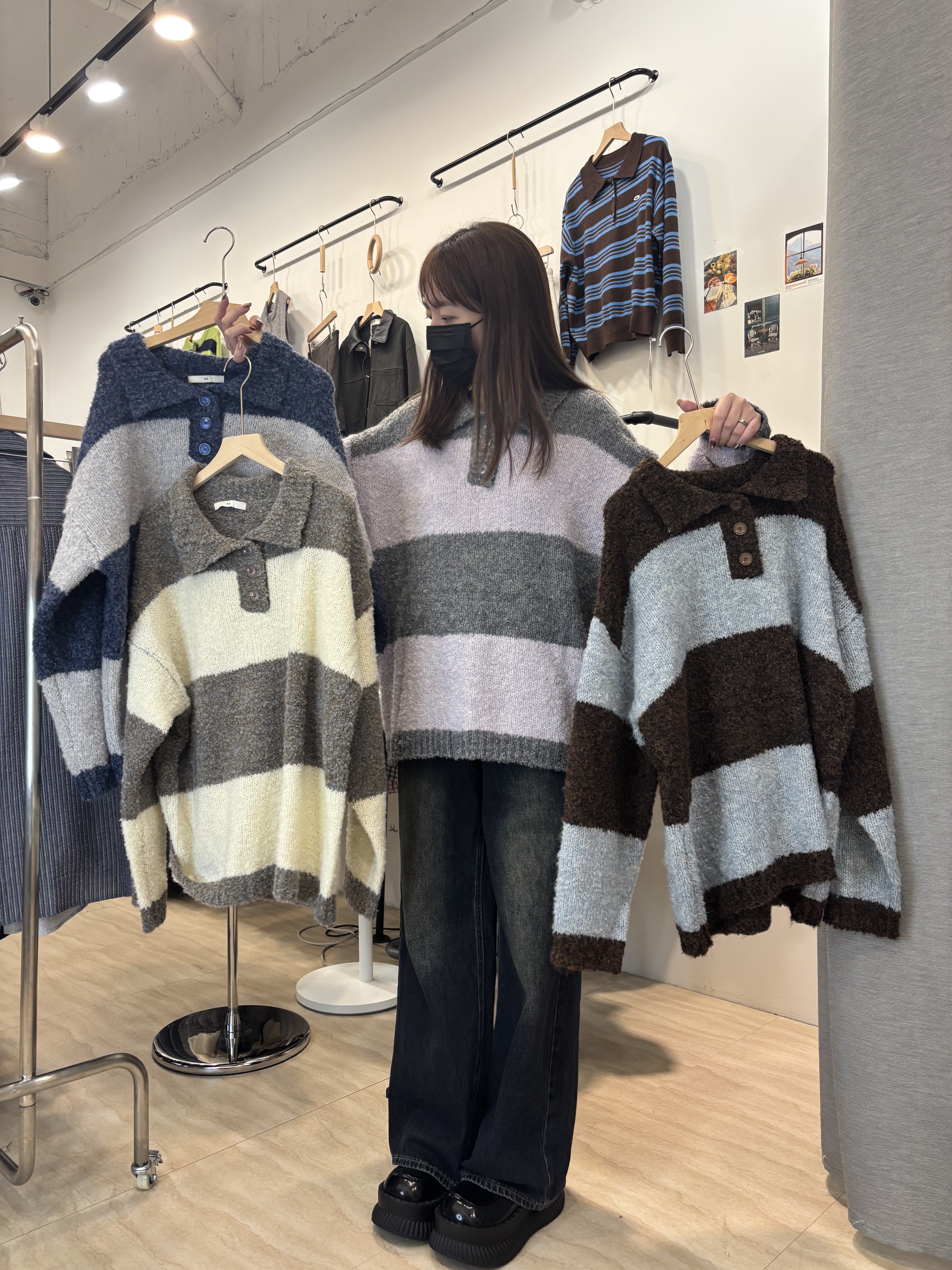 翻領釦子圈圈毛條紋毛衣