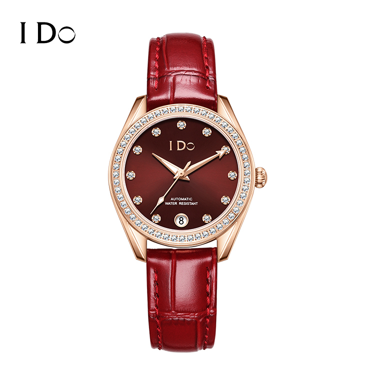 【IDO】IDO808M 氣質 鏤空 晶鑽錶圈 夜光 帶日期 機械 真皮 女款 手錶
