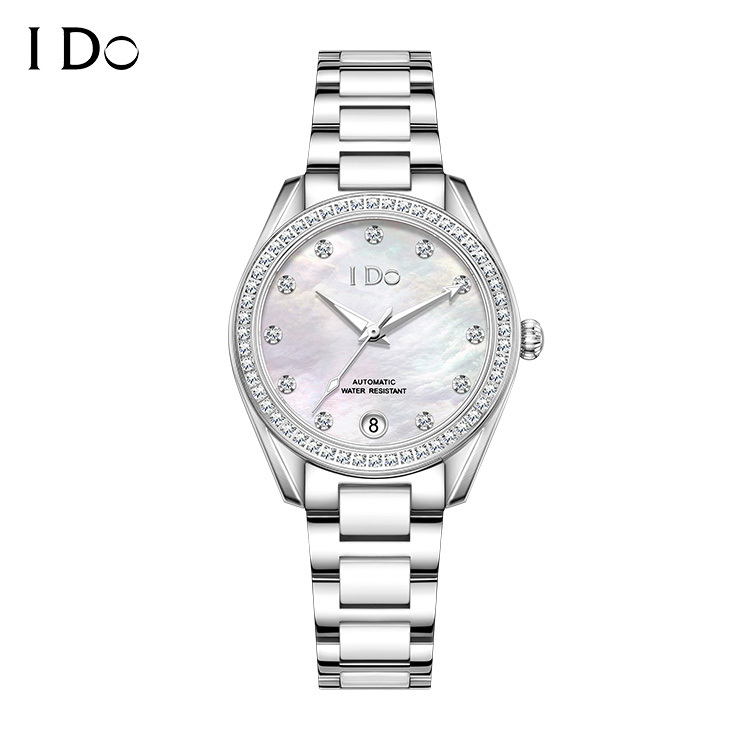 【IDO】IDO809M 氣質 鏤空 晶鑽錶圈 夜光 帶日期 機械 不鏽鋼精鋼 +陶瓷錶帶 女款 手錶